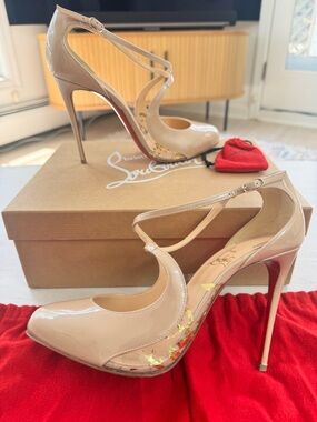 Christian Louboutin Nude Patent PVC Ankle Strap Heels 38.5 w/ Box